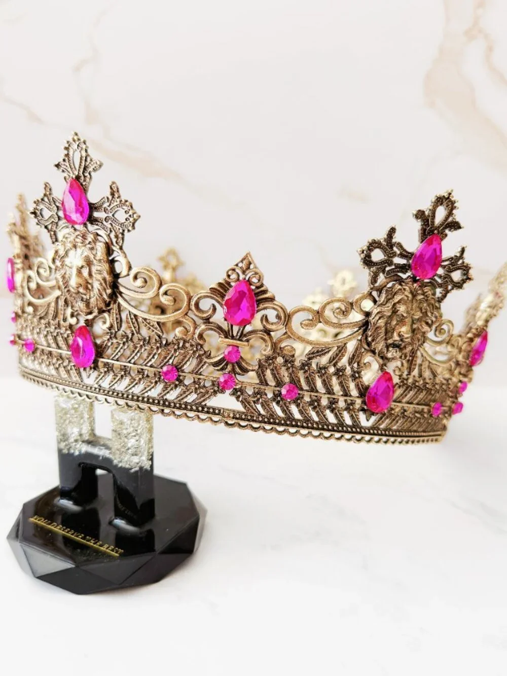 Vintage Style Gold Lion Crown with Hot Pink Crystals, Royal King Queen Headpiece